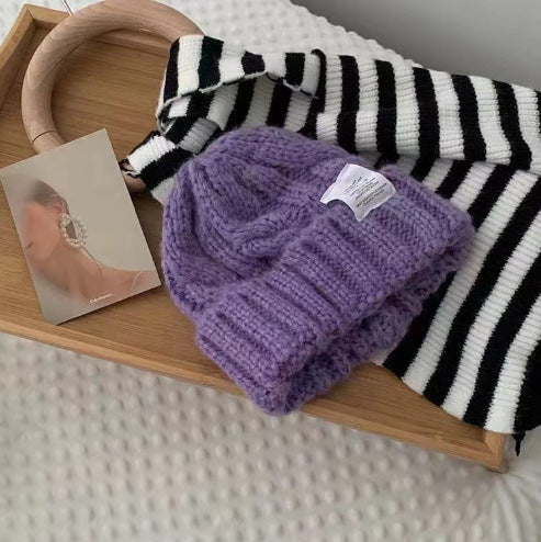 2PCS- Women's Rough Knitted Hat-Autumn and Winter Versatile Big Head Circumference Green Loose Ins Tide Shows Small Face