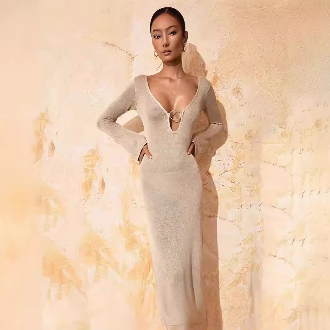 V-neck Sexy Long Knitted Dress, Ring Halter Long-sleeved Sweater Skirt