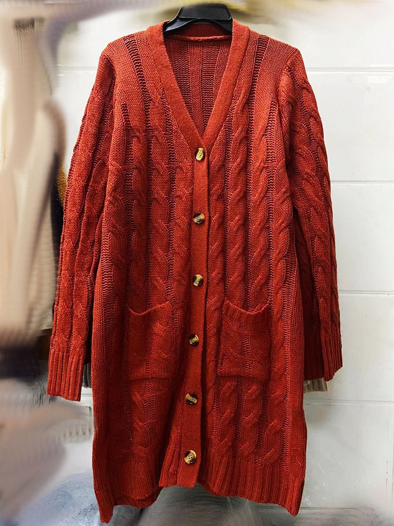 Autumn and Winter New Single-breasted Twist Pocket Solid Color Knitted Long Sweater Cardigan Jacket