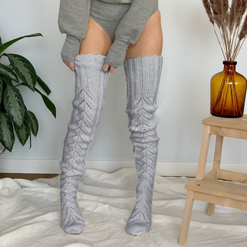 Autumn and Winter Solid Color Hollow Mesh Long Tube Knee Stacking Socks Women's Fashion Knitted Wool Socks
