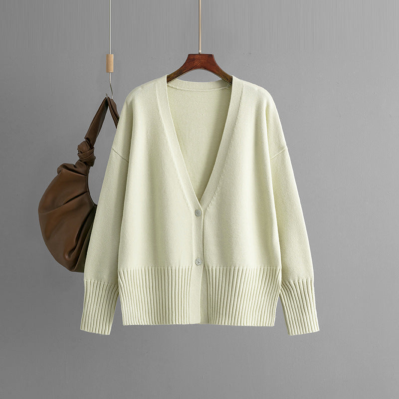 2024 autumn and winter new V-neck knitted cardigan solid color loose sweater jacket top