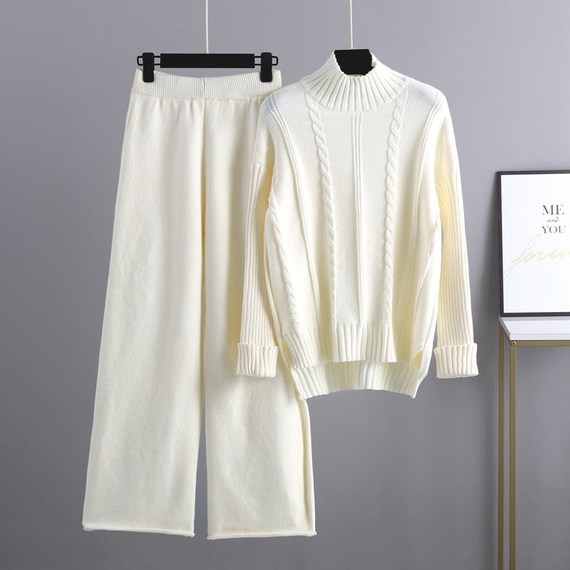 High-end Semi-turtleneck Sweater Wide-leg Pants Set Women's Autumn and Winter New Fashion Age-reducing Knitted Two-piece Set