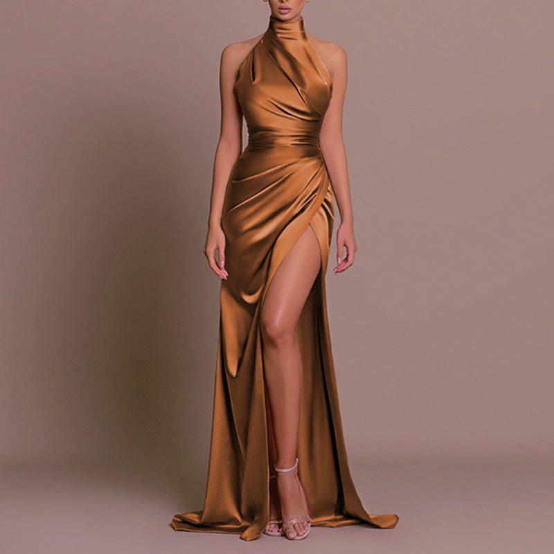 Women’s Vintage Sleeveless Split Dress: Elegant Stand-Up Collar Design