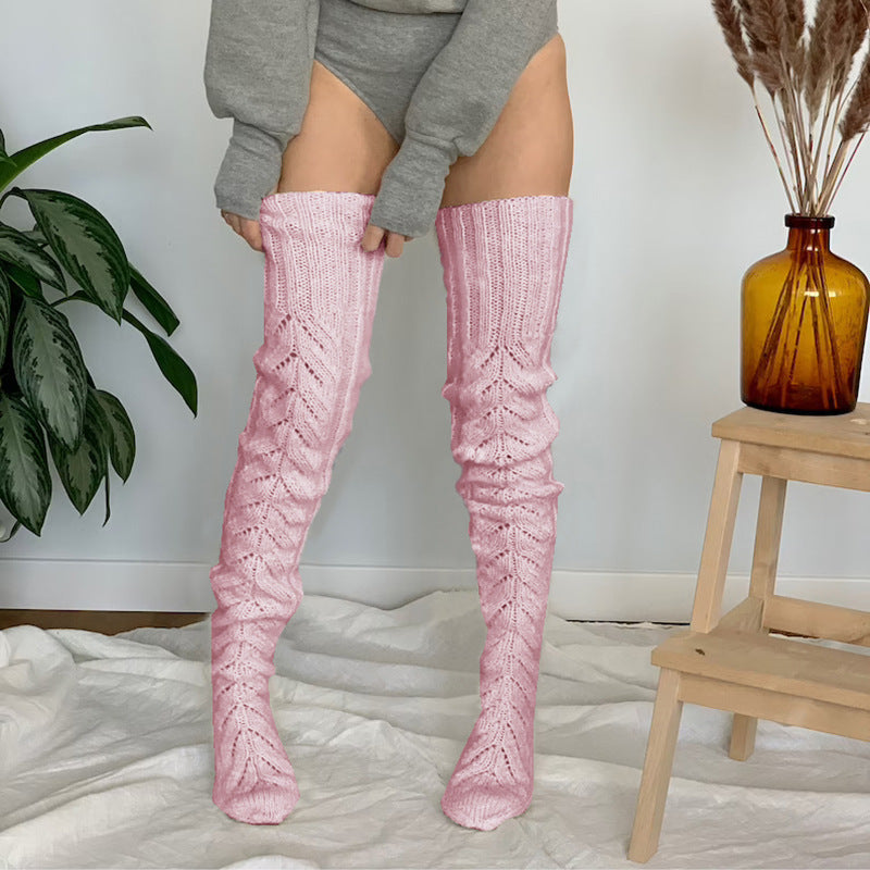 Autumn and Winter Solid Color Hollow Mesh Long Tube Knee Stacking Socks Women's Fashion Knitted Wool Socks
