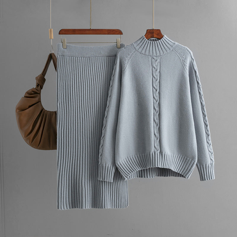 Winter New Sweater Women's Loose Knitted Semi-turtleneck Long-sleeved Threaded Fashion Skirt Set