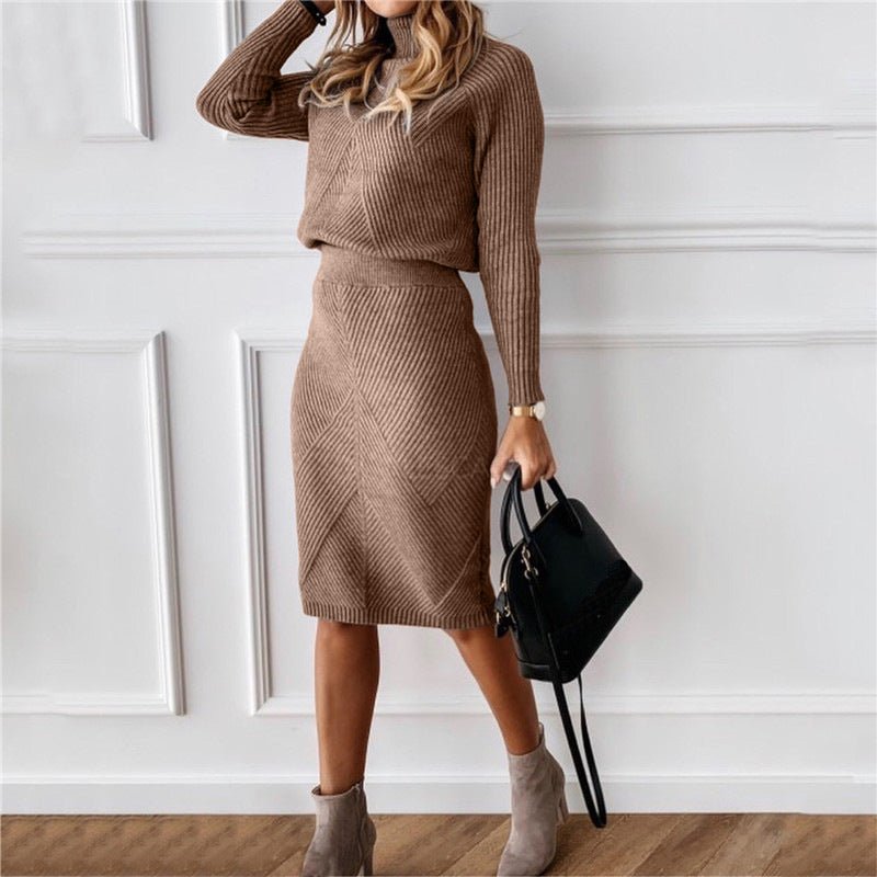 Autumn and Winter New Women's Clothing, European and American Turtleneck Knitted Solid Color Thickened Lapel Pullover Sweater Set