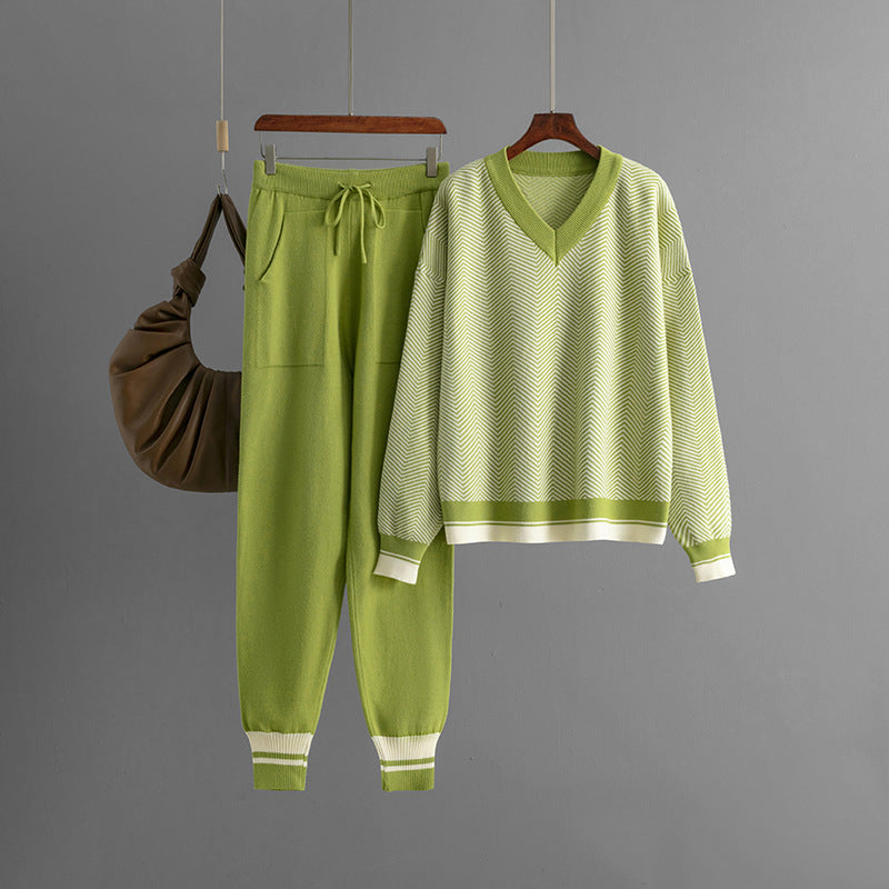 Autumn and winter new sweater set knitted striped V-neck large size loose long-sleeved commuter two-piece set