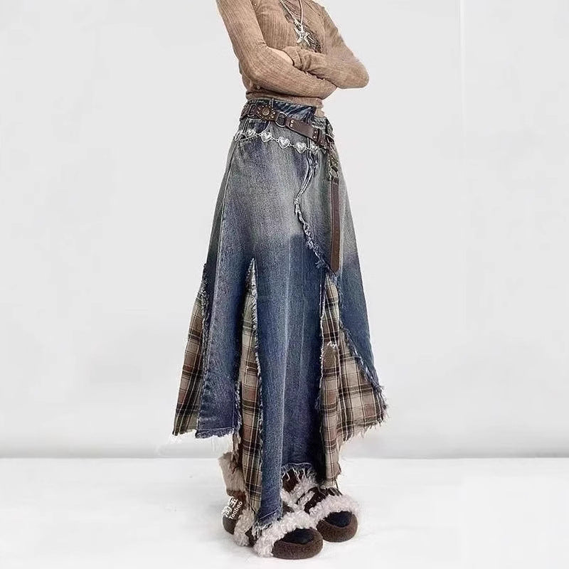 Vintage Grunge Plaid Maxi Skirt: Distressed Raw-Hem High Waist A-Line Thin Y2K Indie Fashion
