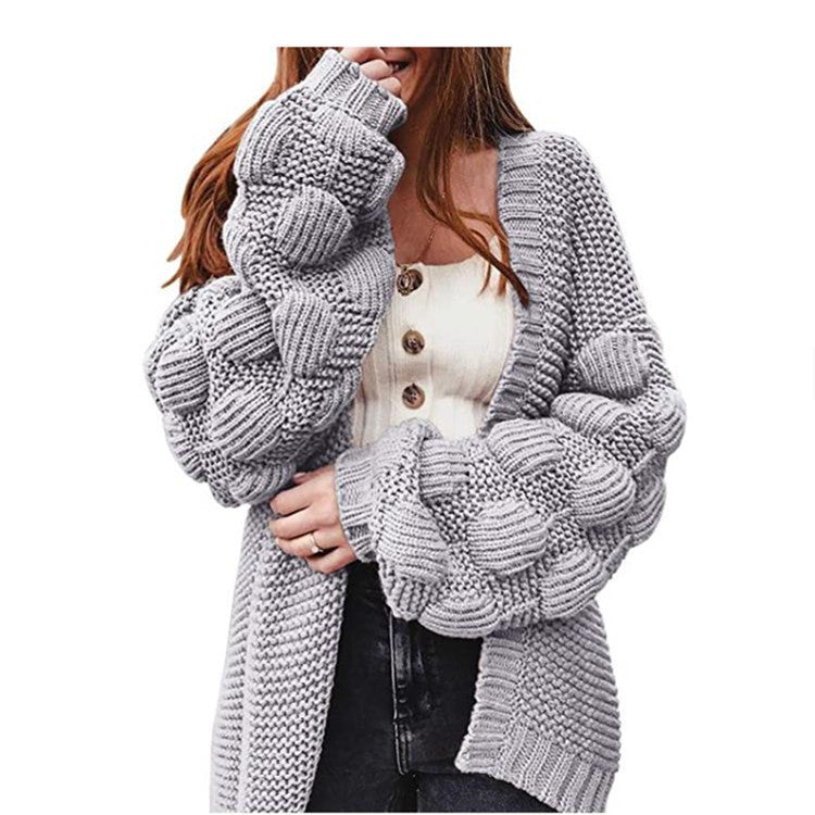 Cardigan Sweater Cross-border New Knitted Sweater Amazon Autumn and Winter Medium and Long Bubble Ball Loose Coat Women's Clothing