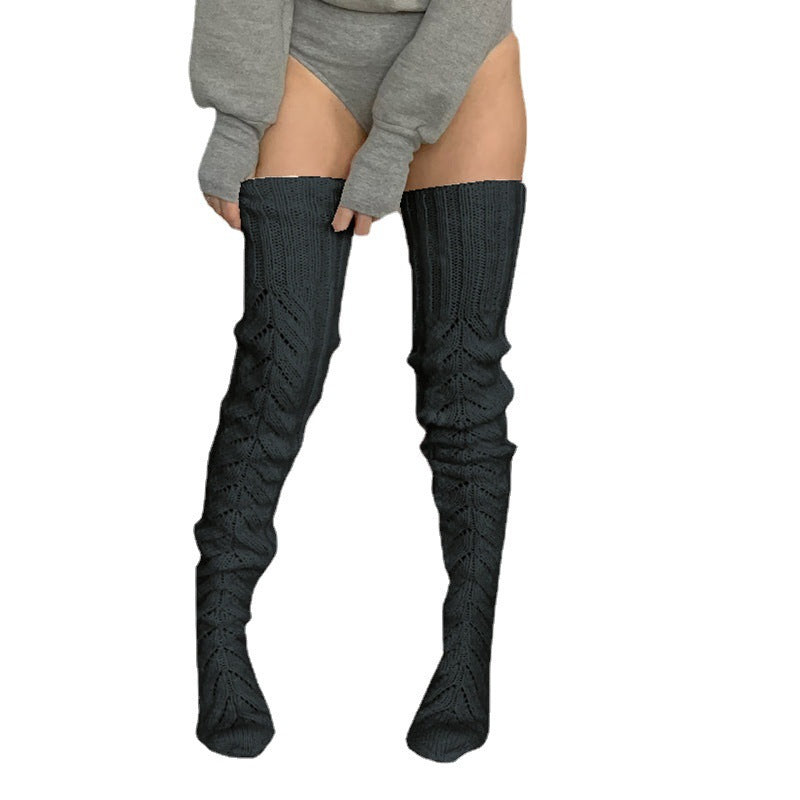 Autumn and Winter Solid Color Hollow Mesh Long Tube Knee Stacking Socks Women's Fashion Knitted Wool Socks