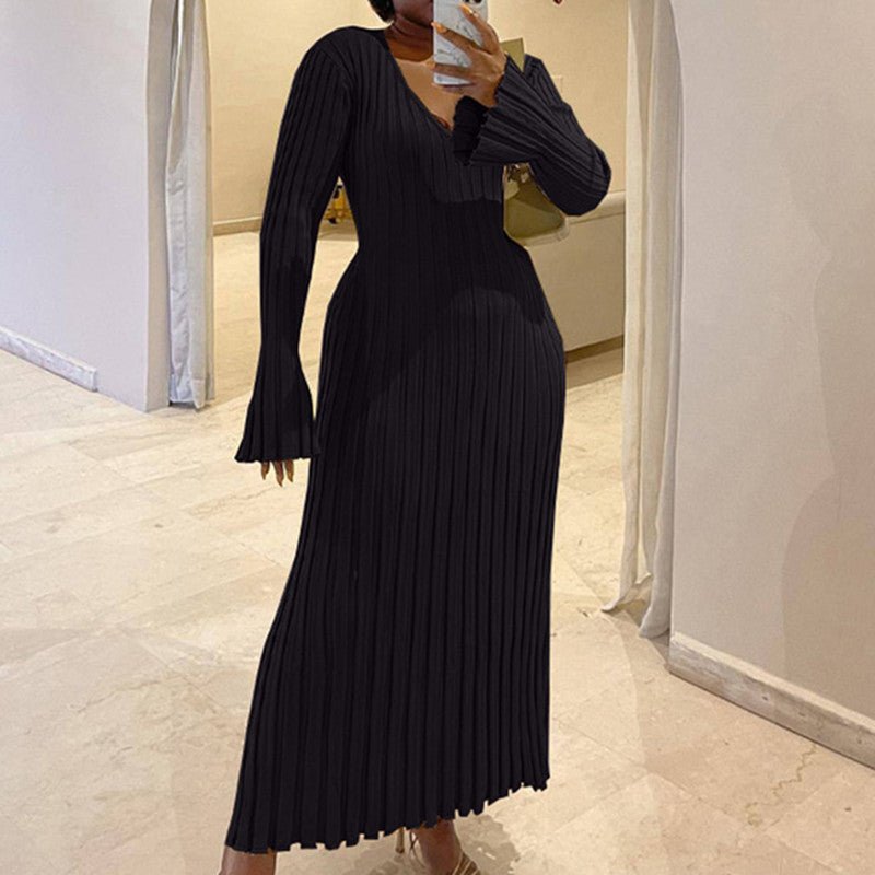 Autumn and Winter New Knitted Dress Casual Waist V-neck Large Pit Strip Thin Knitted Dress Women
