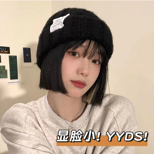2PCS- Women's Rough Knitted Hat-Autumn and Winter Versatile Big Head Circumference Green Loose Ins Tide Shows Small Face