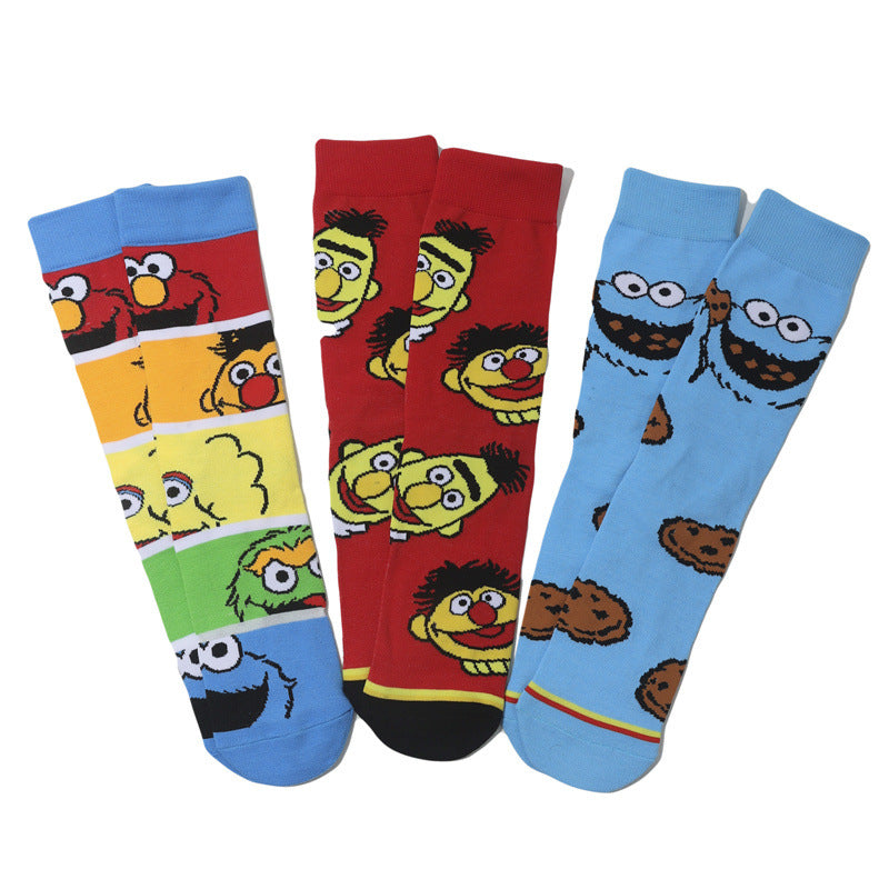 Wholesale Men's Cartoon Socks Cotton Medium Tube Tide Socks Sesame Street Cute Women Ins Socks-5PRS