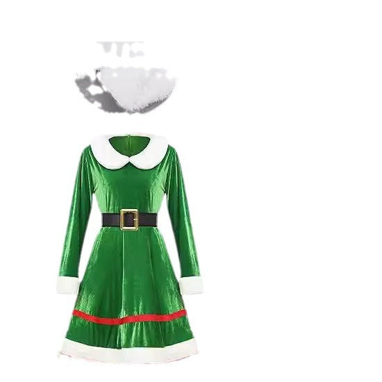Women's Christmas Elf Costume Set Velvet Dress Belt Striped Over Knee Stockings Elf Hat Character