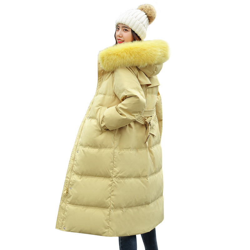 Women's long cotton-padded clothes hooded large sweater collar cotton-padded clothes are fashionable and versatile, simple and detachable fur collar jackets are trendy.