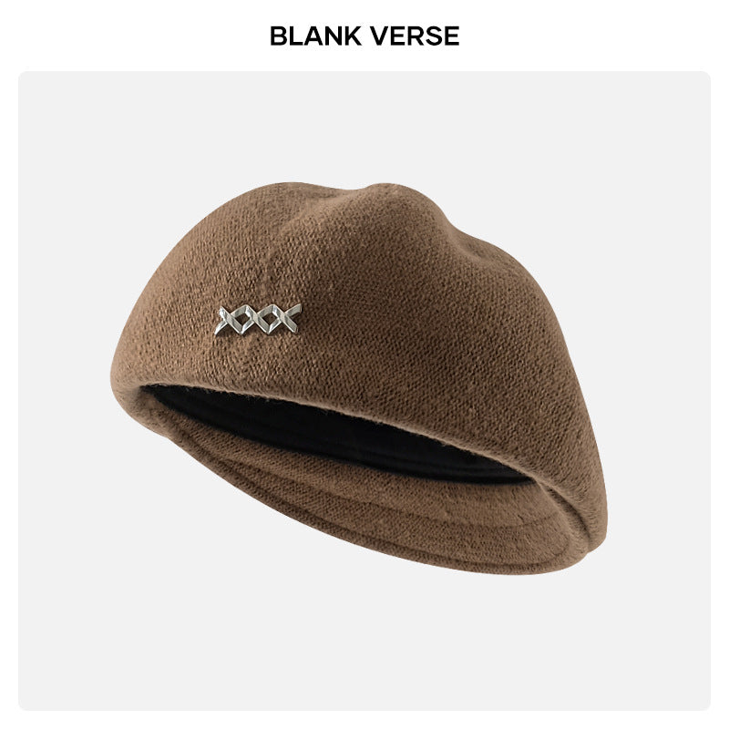 Autumn and Winter New Metal Standard Beret Children Big Head Circumference Show Face Small Reverse Wear Woolen Forward Hat