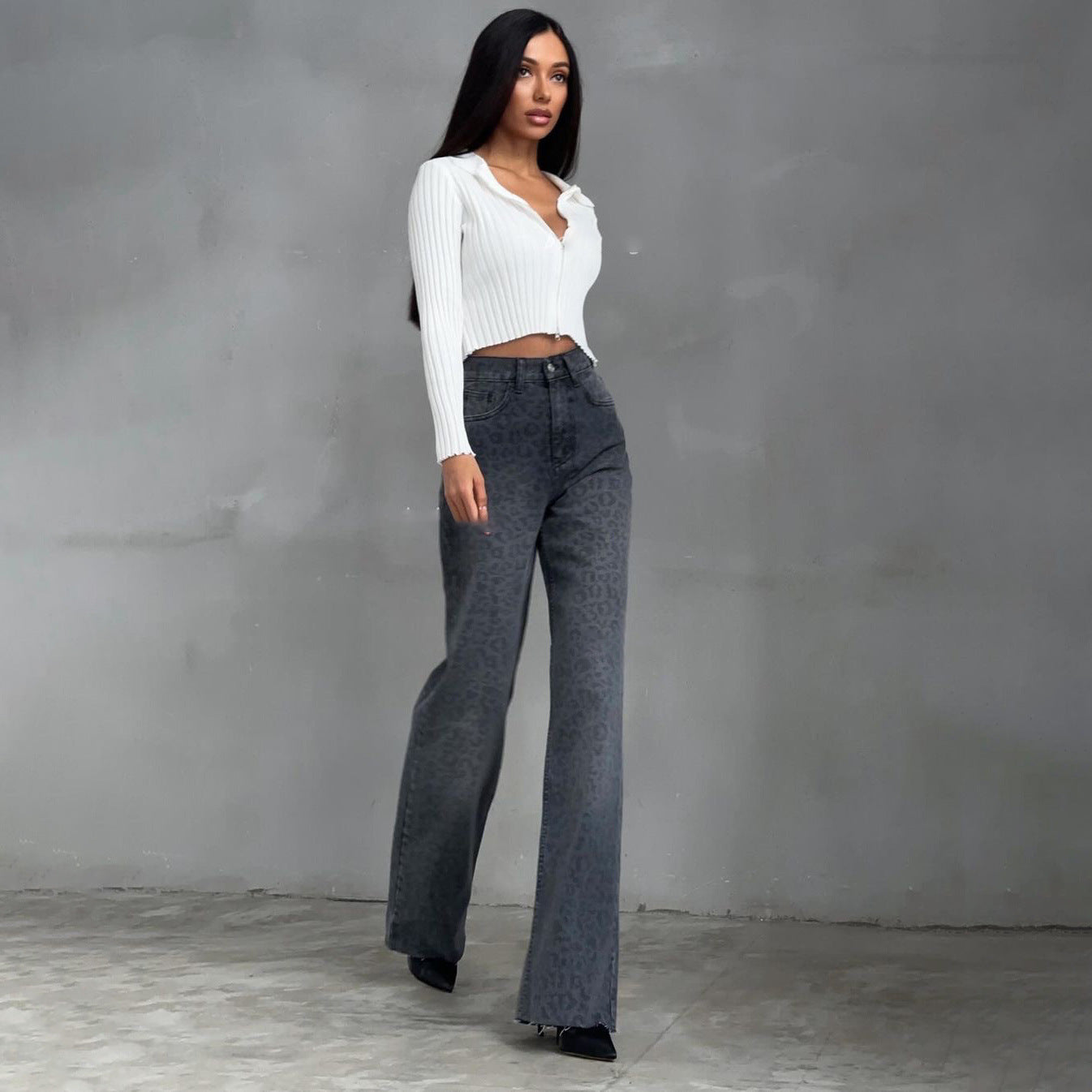 Women's Wide-leg Leopard Print Jeans Spring Summer Slim Straight Trousers Spice Girl Fashion Versatile Design