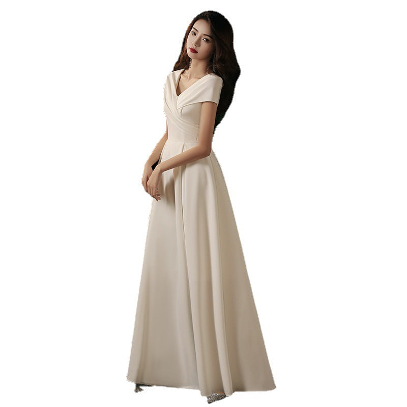 White Annual Meeting Evening Dress New Spring and Winter Banquet Temperament Satin Wedding Certificate Travel Photo Light Wedding Dress V-neck