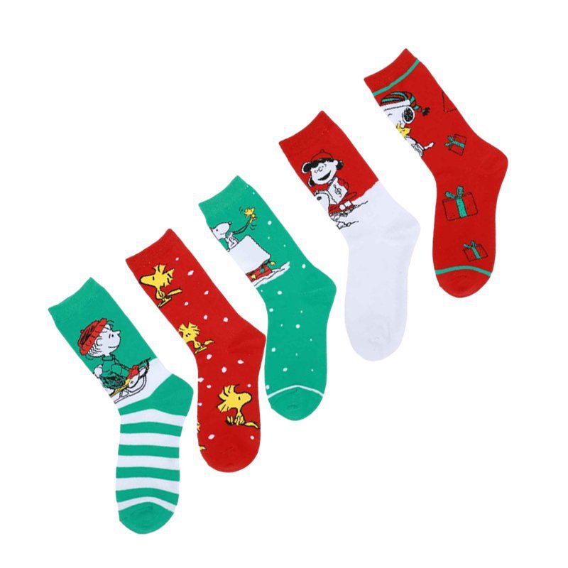 Cotton Christmas Anime Trendy Socks Men's Socks Snoopy Women's Mid-tube Cotton Sleigh Gift Socks-5PRS