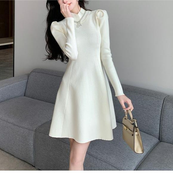 Viral Cozy Knit Dress: Cottagecore A-Line Bubble Sleeve for Spring Autumn Layering