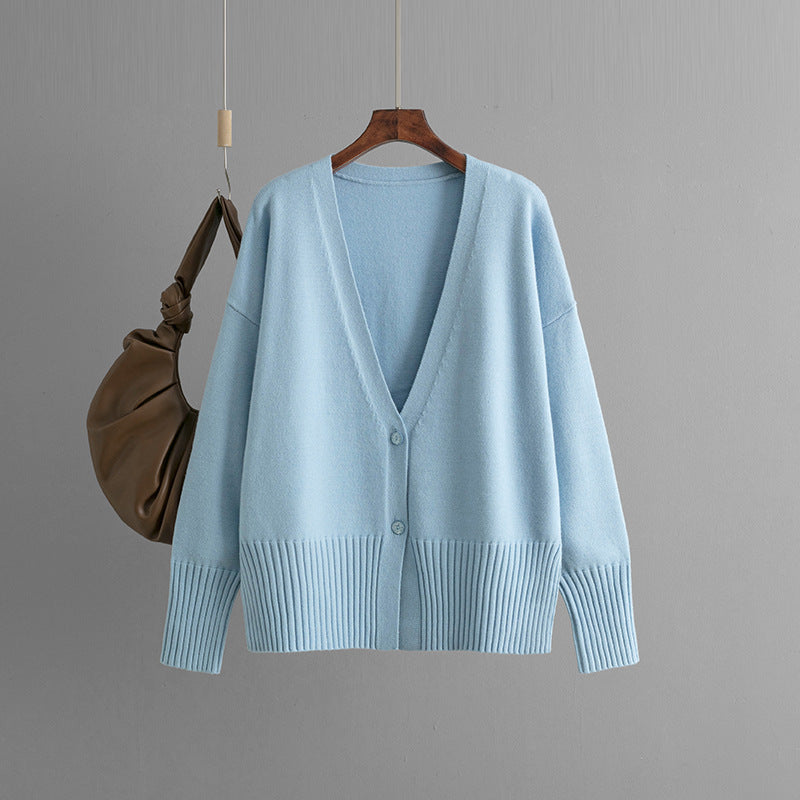 2024 autumn and winter new V-neck knitted cardigan solid color loose sweater jacket top