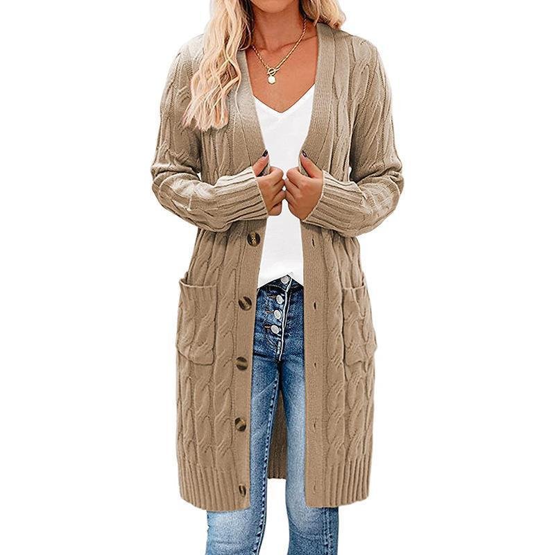 Autumn and Winter New Single-breasted Twist Pocket Solid Color Knitted Long Sweater Cardigan Jacket