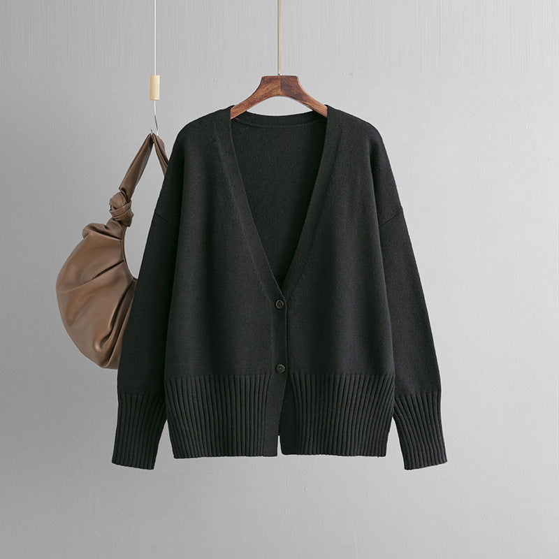 2024 autumn and winter new V-neck knitted cardigan solid color loose sweater jacket top