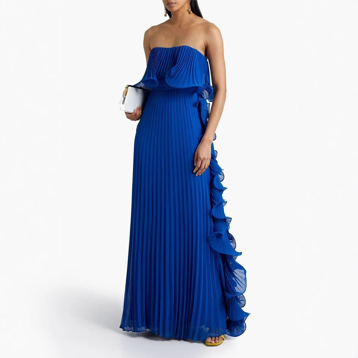 Vintage Ruffle Maxi Skirt: Fringe Hem & Draped Bust with Floor-Length Elegance for Weddings/Events
