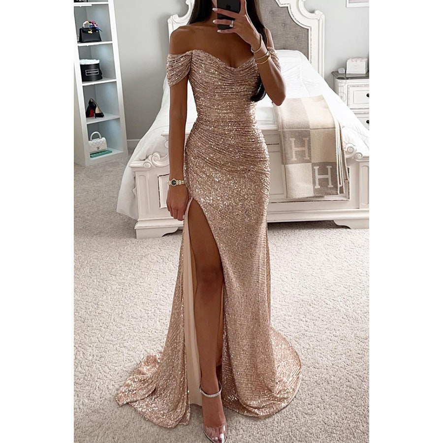 New Party Sequins One-word Collar Split Dress INS Casual Fashion Dress Women