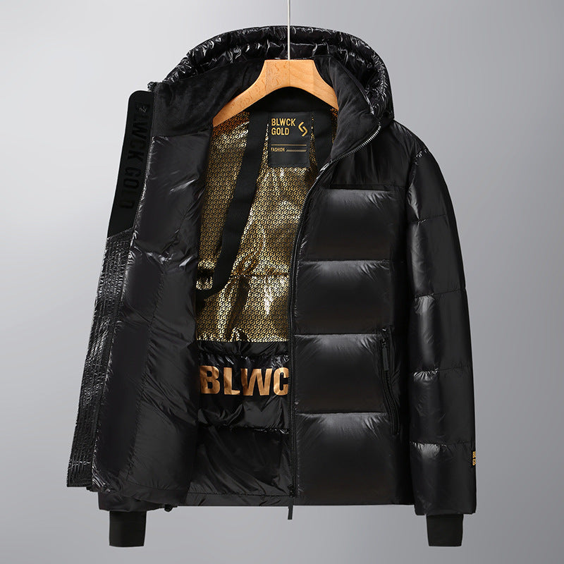 Winter New Black and Gold Winter Clothes Short Thickened Hooded Simple Glossy Coat for Men and Women