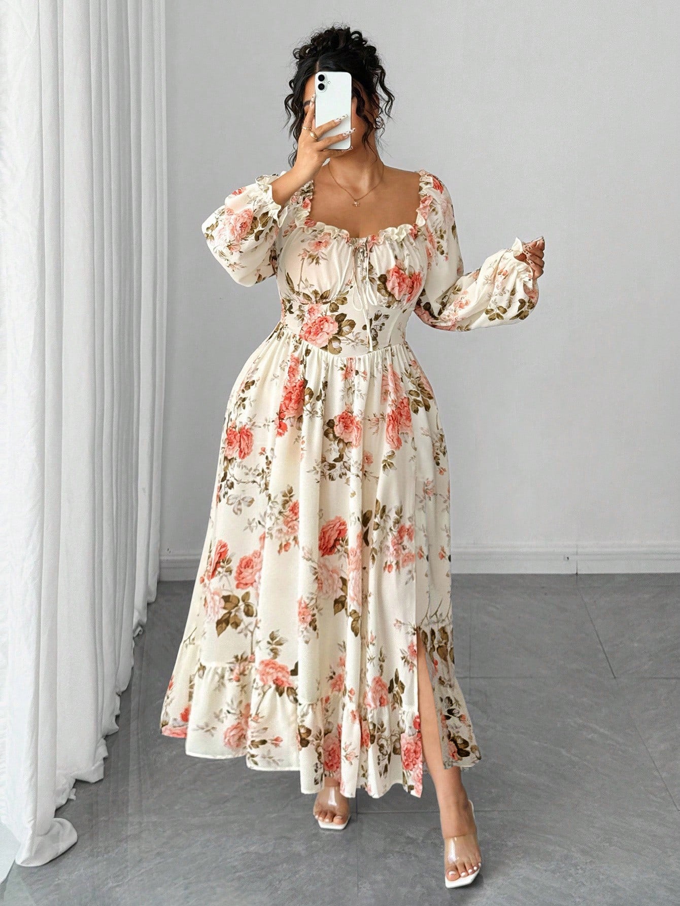 Dark Academia Floral Dress: Square Neck, Bubble Sleeves, High Slit | Vintage Elegance