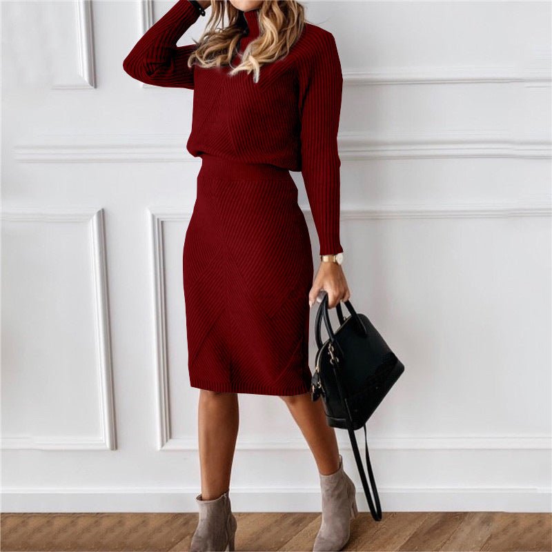 Autumn and Winter New Women's Clothing, European and American Turtleneck Knitted Solid Color Thickened Lapel Pullover Sweater Set