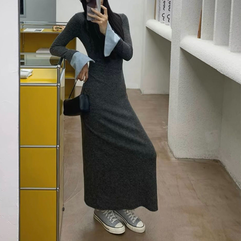 Wear A Contrasting Color Splicing Long-sleeved Dress Women's Clothing Waist Slim-fitting Knitted Hip Skirt