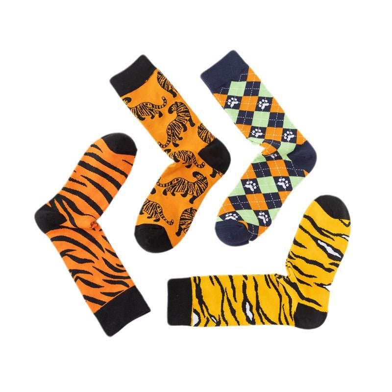 Casual Four-season Socks Men's Tiger Cartoon Socks Cotton Tube Socks Women's Leopard Print Animal Socks-5PRS
