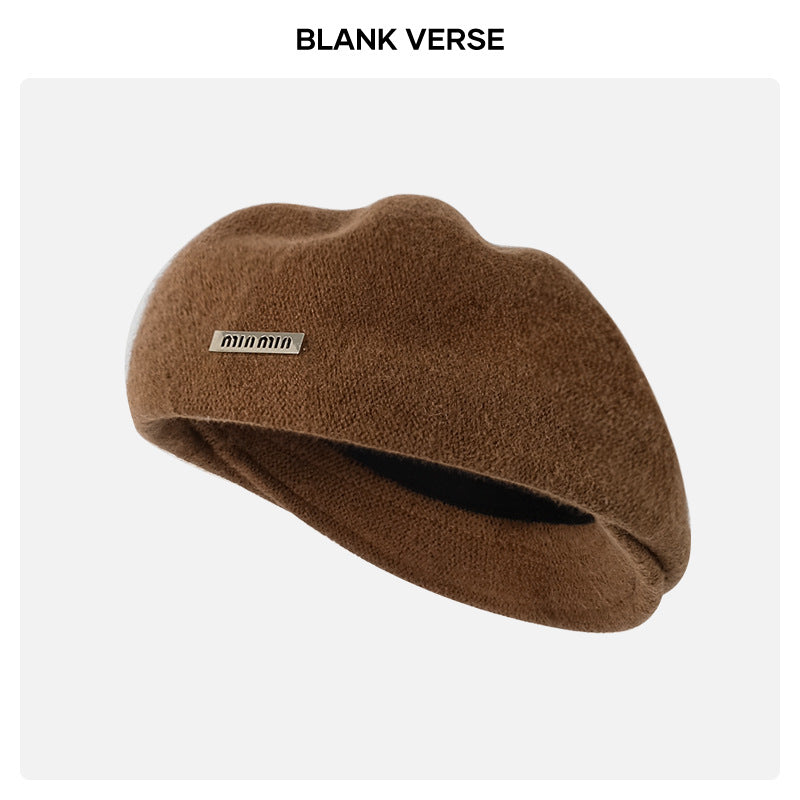 Autumn and Winter New Metal Standard Beret Children Big Head Circumference Show Face Small Reverse Wear Woolen Forward Hat