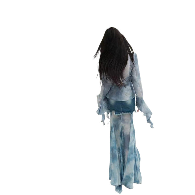 Summer New Retro Top Women's Pure Desire Blue Gradual Change Tie-dye Ruffle Leaf Edge Streamer Horn Sleeve Shirt