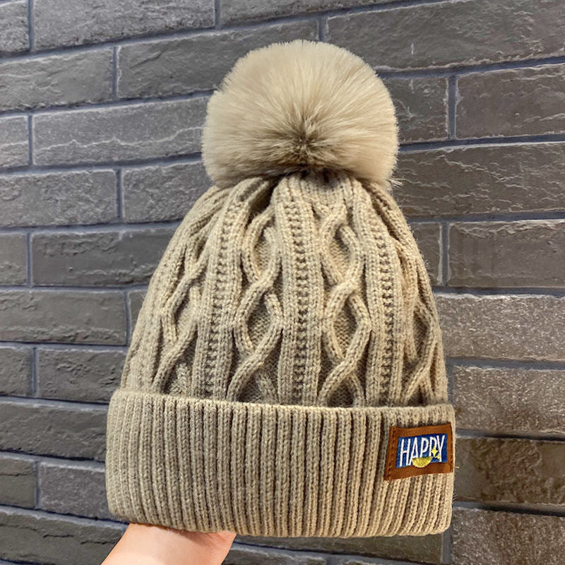 Winter New Happy Plush Women's Warm Thickened Knitted Hat Versatile Double-layer Ear Protection Hat