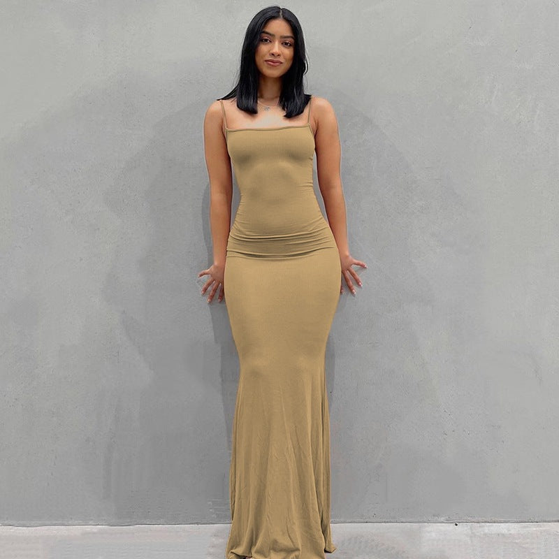 2025 Solid Color Women's Dress Slim Peach Hip Suspender Long Fishtail Skirt