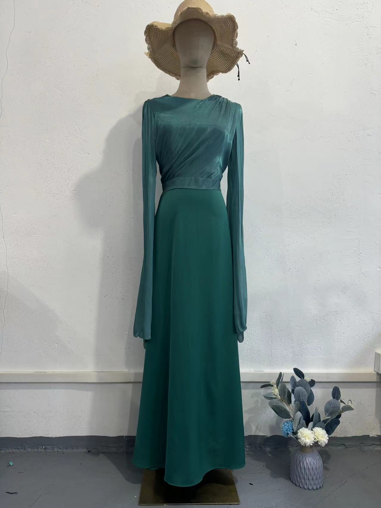 Boho Flowy Chiffon Maxi Dress - Tiered Sleeve Satin Slip