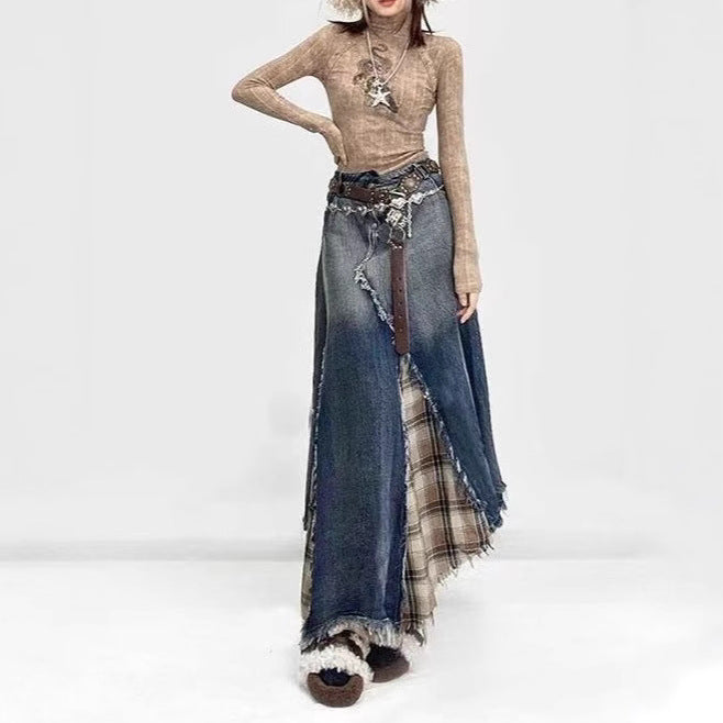 Vintage Grunge Plaid Maxi Skirt: Distressed Raw-Hem High Waist A-Line Thin Y2K Indie Fashion