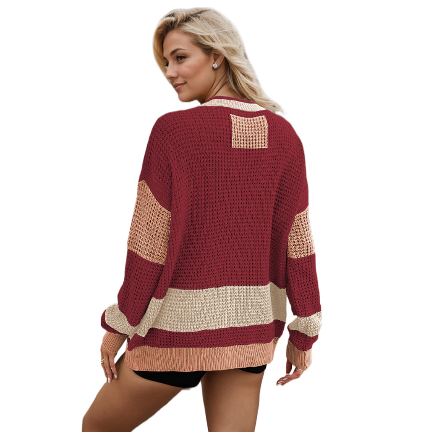 Autumn and Winter Hot Sale Knitted Jacket V-neck Large Size Pocket Color Matching Cardigan Sweater Women