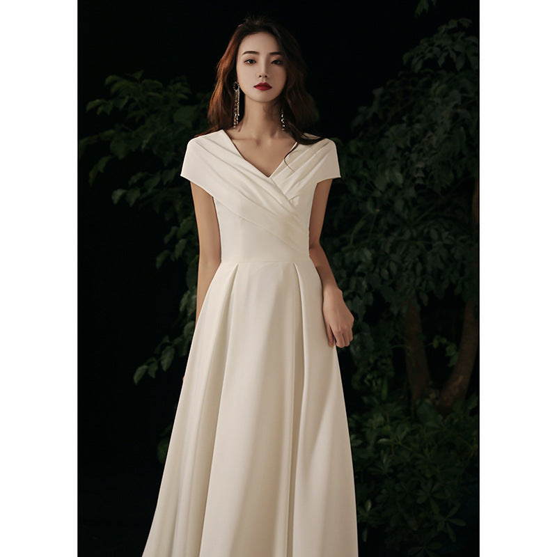 White Annual Meeting Evening Dress New Spring and Winter Banquet Temperament Satin Wedding Certificate Travel Photo Light Wedding Dress V-neck