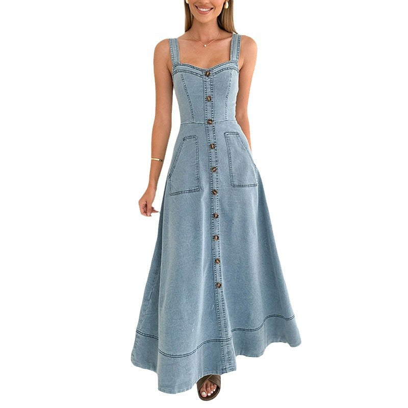 Summer Denim Halter Dress High Waist Long Maxi - Slim Fit Commuting Retro Style