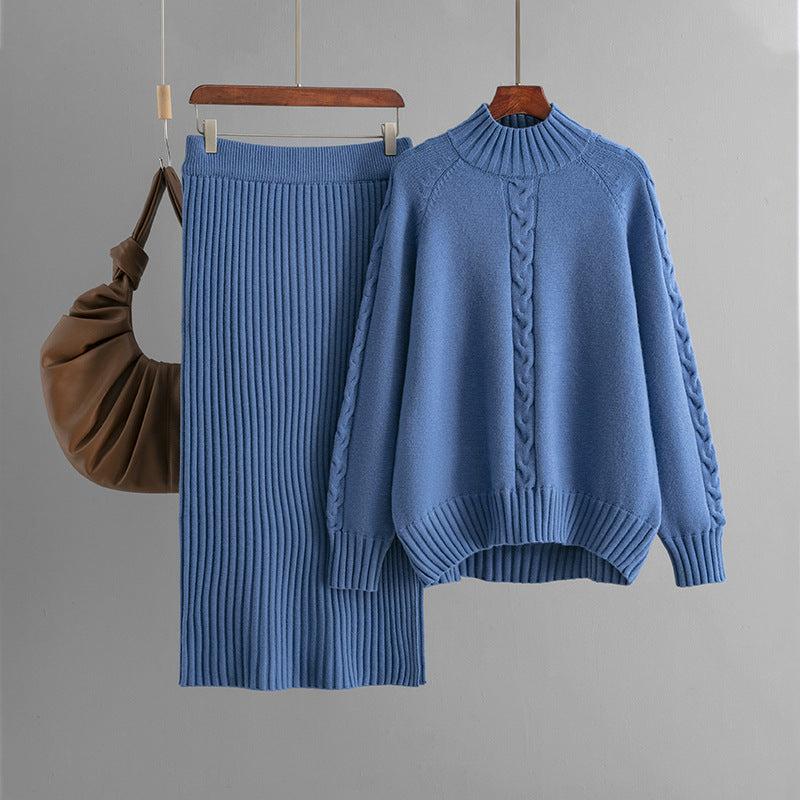 Winter New Sweater Women's Loose Knitted Semi-turtleneck Long-sleeved Threaded Fashion Skirt Set