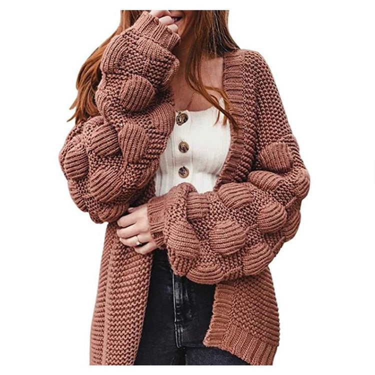 Cardigan Sweater New Knitted Sweater Autumn and Winter Long Cute Ball Loose Thick Coat Women