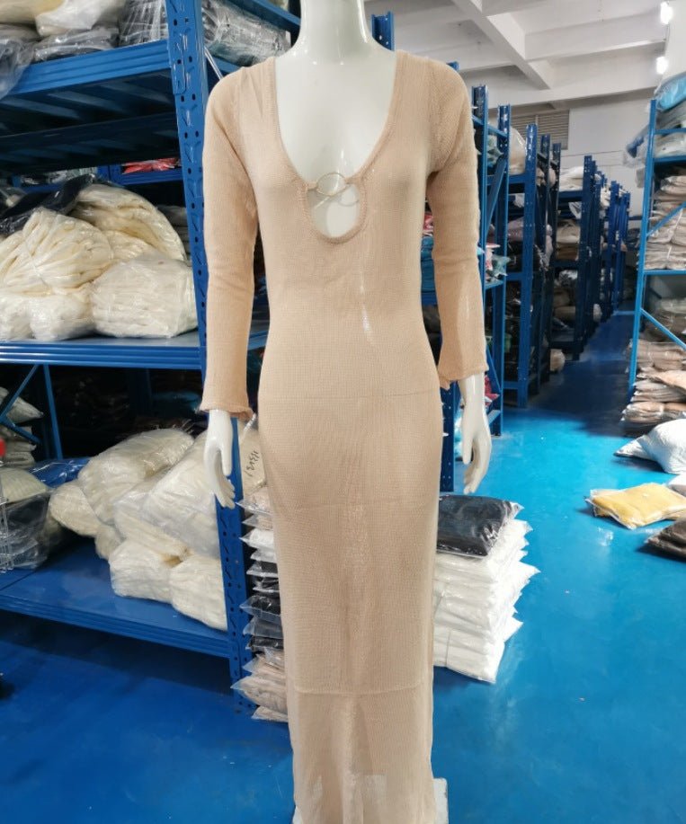 V-neck Sexy Long Knitted Dress, Ring Halter Long-sleeved Sweater Skirt