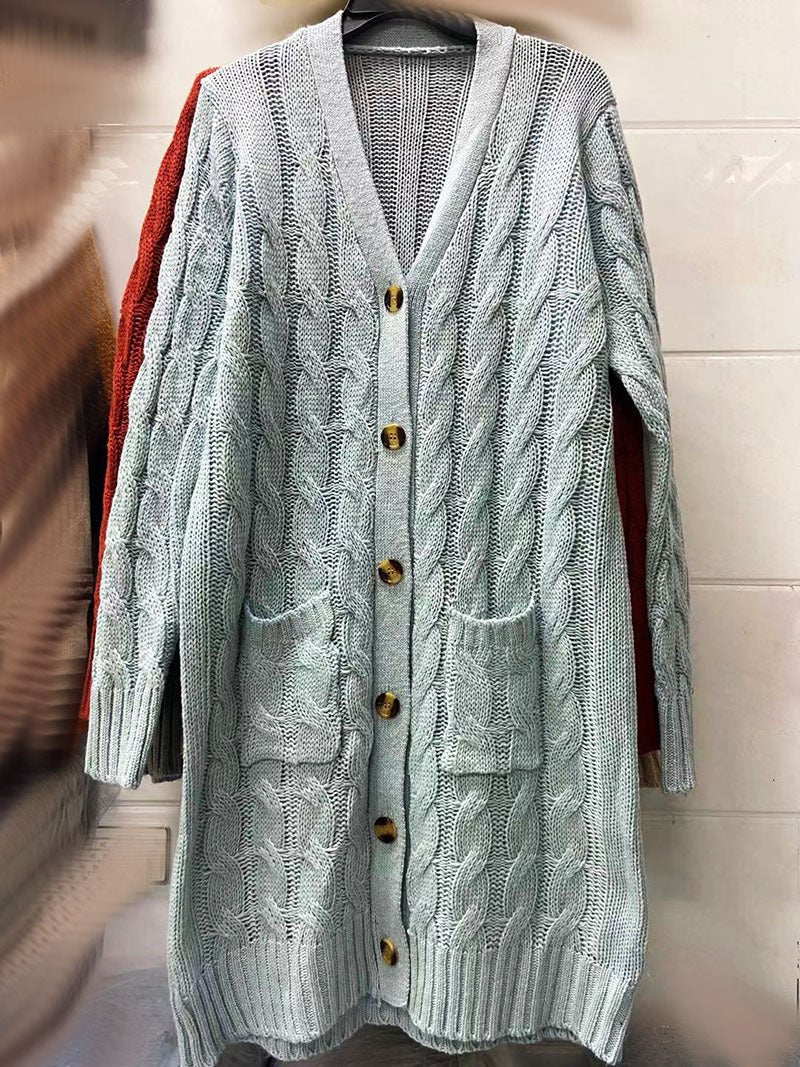 Autumn and Winter New Single-breasted Twist Pocket Solid Color Knitted Long Sweater Cardigan Jacket