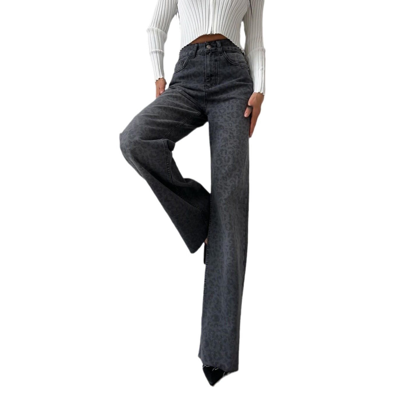 Women's Wide-leg Leopard Print Jeans Spring Summer Slim Straight Trousers Spice Girl Fashion Versatile Design