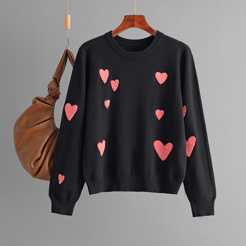 2024 autumn and winter new love flocking embroidery round neck long sleeve knitted sweater pullover bottoming shirt top women