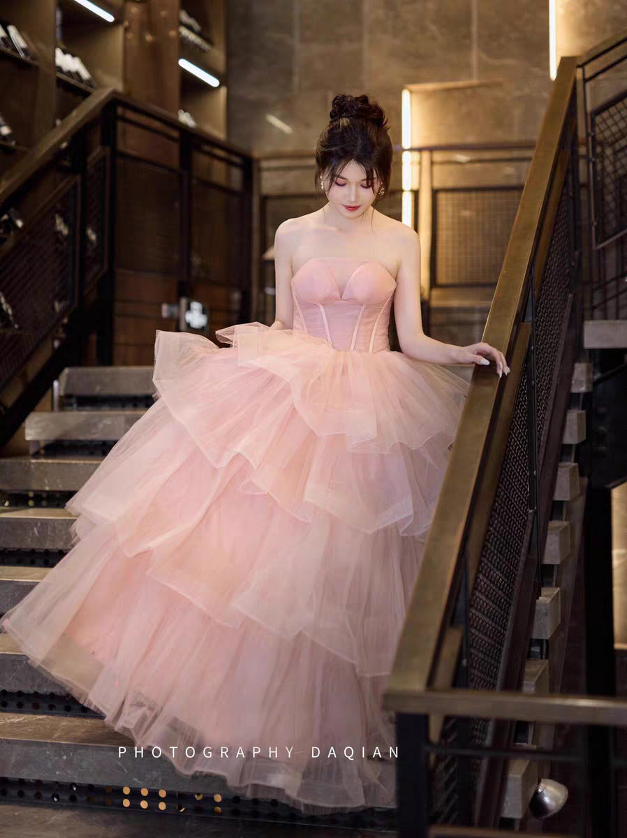 Pink Evening Dress Women's High-end Tube Top Light Wedding Dress French Banquet Light Dress Adult Dress Trailing Princess Dress